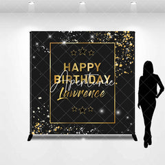 Aperturee - Aperturee Black Gold Glitter Custom Name Birthday Backdrop