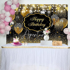 Aperturee - Aperturee Black Gold Glitter Lighted Happy Birthday Backdrop