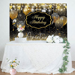 Aperturee - Aperturee Black Gold Glitter Lighted Happy Birthday Backdrop