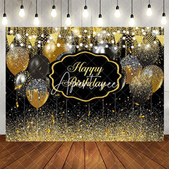 Aperturee - Aperturee Black Gold Glitter Lighted Happy Birthday Backdrop