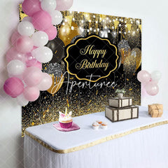 Aperturee - Aperturee Black Gold Glitter Lighted Happy Birthday Backdrop