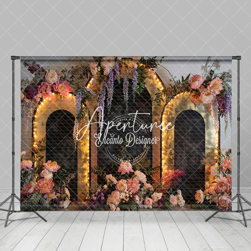 Aperturee - Aperturee Black Gold Lighted Arch Wall Floral Wedding Backdrop