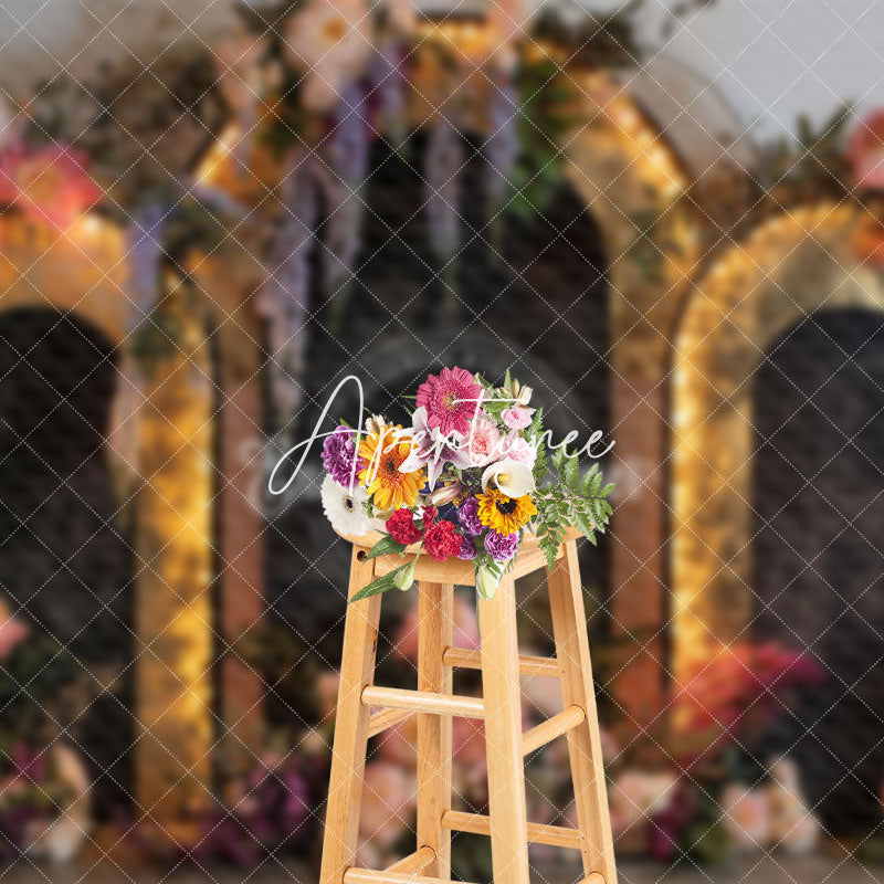 Aperturee - Aperturee Black Gold Lighted Arch Wall Floral Wedding Backdrop