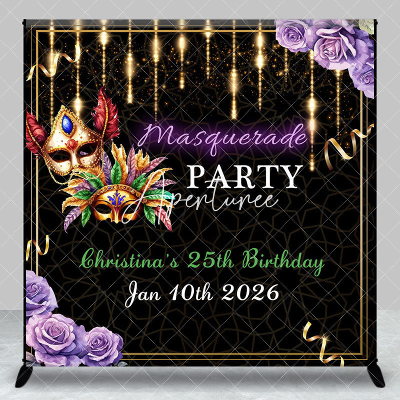 Aperturee - Aperturee Black Gold Masquerade Custom Name Birthday Backdrop