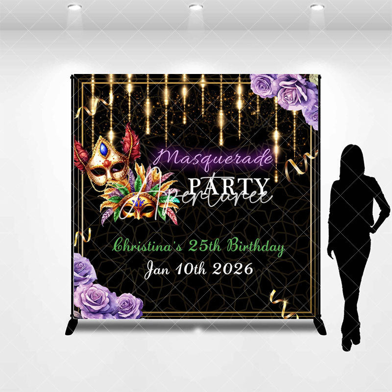 Aperturee - Aperturee Black Gold Masquerade Custom Name Birthday Backdrop