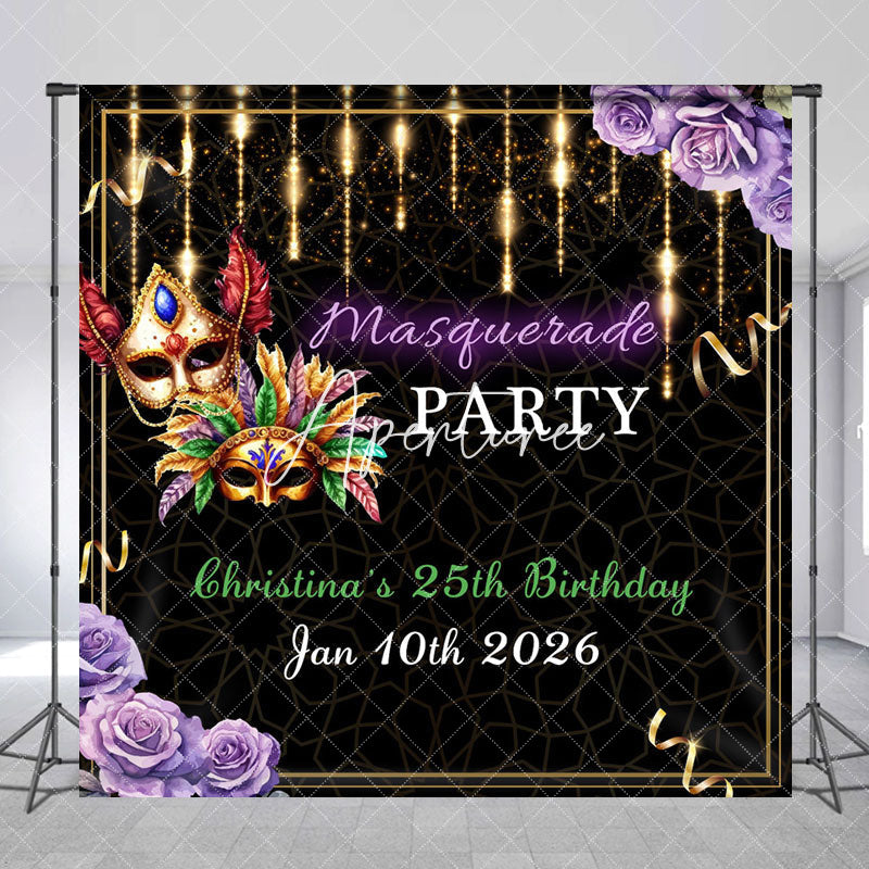 Aperturee - Aperturee Black Gold Masquerade Custom Name Birthday Backdrop