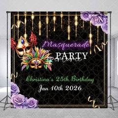 Aperturee - Aperturee Black Gold Masquerade Custom Name Birthday Backdrop