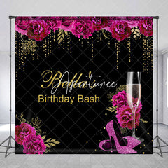 Aperturee - Aperturee Black Gold Purple Rose Custom Name Birthday Backdrop