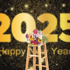 Aperturee - Aperturee Black Gold Star Sparkle 2025 Happy New Year Backdrop