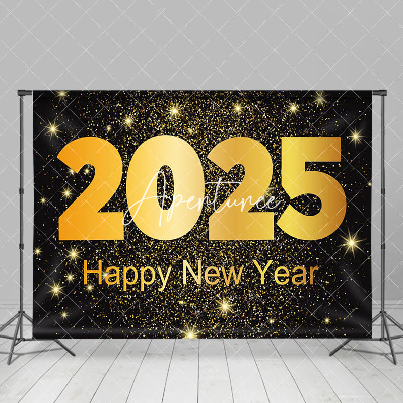 Aperturee - Aperturee Black Gold Star Sparkle 2025 Happy New Year Backdrop