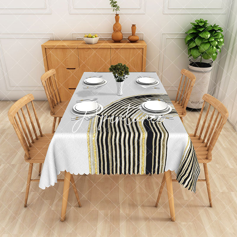 Aperturee - Aperturee Black Gold Stripes Modern Rectangle Tablecloth