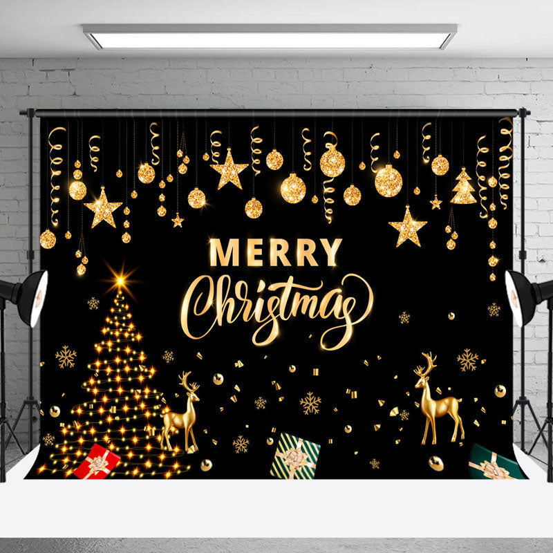 Aperturee - Aperturee Black Gold Tree Elk Bells Merry Christmas Backdrop