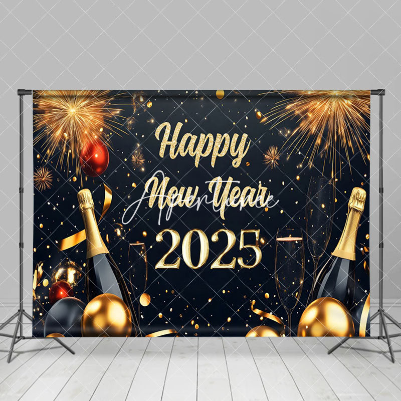 Aperturee - Aperturee Black Gold Wine Bottle Ribbon Happy New Year Backdrop