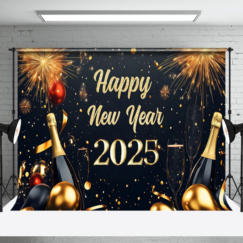 Aperturee - Aperturee Black Gold Wine Bottle Ribbon Happy New Year Backdrop