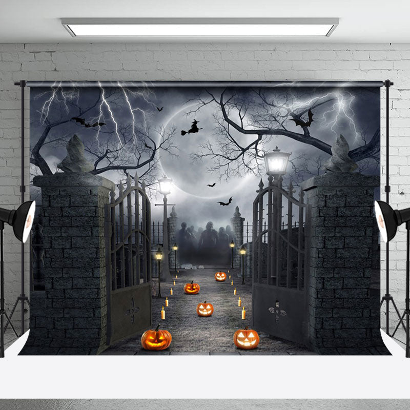 Aperturee - Aperturee Black Gray Night Lightning Witch Halloween Backdrop