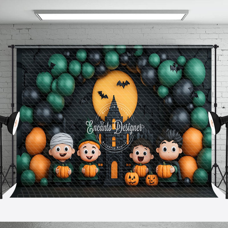 Aperturee - Aperturee Black Green Balloon Castle Pumpkin Halloween Backdrop