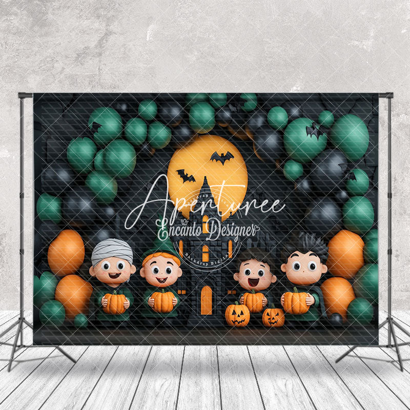 Aperturee - Aperturee Black Green Balloon Castle Pumpkin Halloween Backdrop