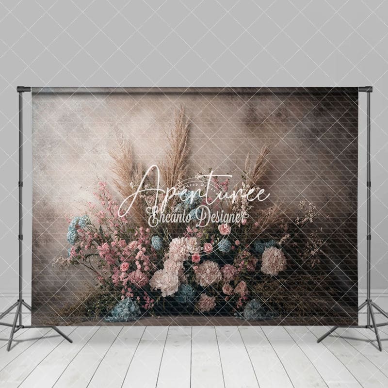 Aperturee - Aperturee Black Grey Wall Boho Floral Wedding Photo Backdrop