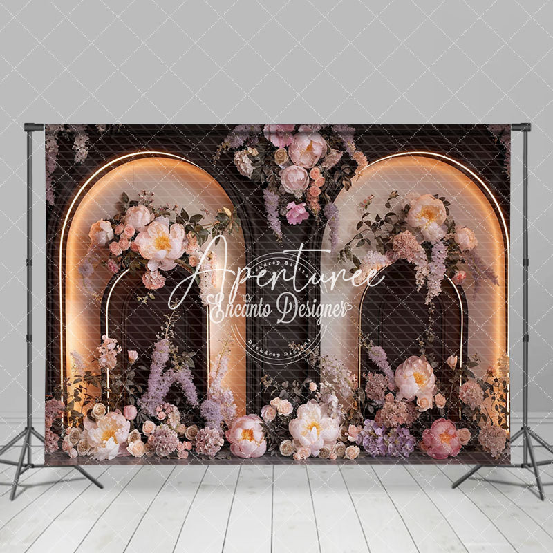 Aperturee - Aperturee Black Lighted Arch Wall Floral Wedding Photo Backdrop