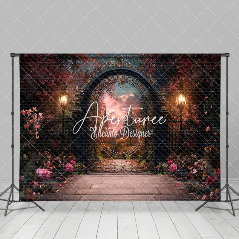 Aperturee - Aperturee Black Luxury Gate Floral Plant Wedding Photo Backdrop