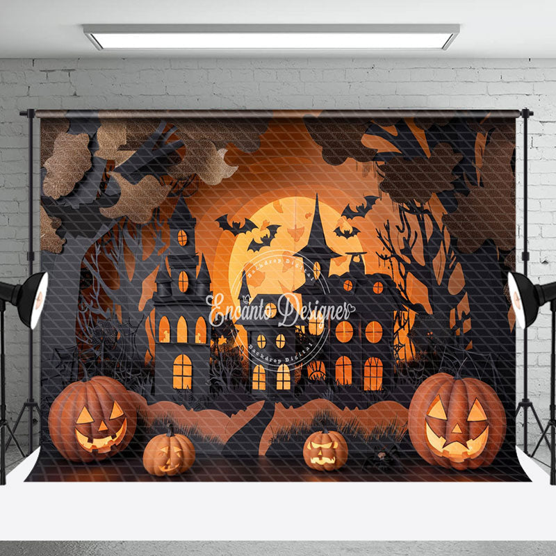 Aperturee - Aperturee Black Orange Pumpkin Castle Halloween Photo Backdrop