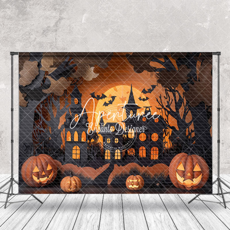 Aperturee - Aperturee Black Orange Pumpkin Castle Halloween Photo Backdrop