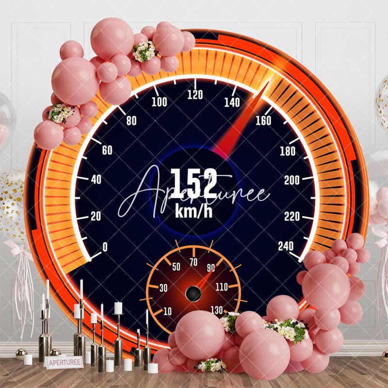 Aperturee - Aperturee Black Orange Speedometer Round Happy Birthday Backdrop