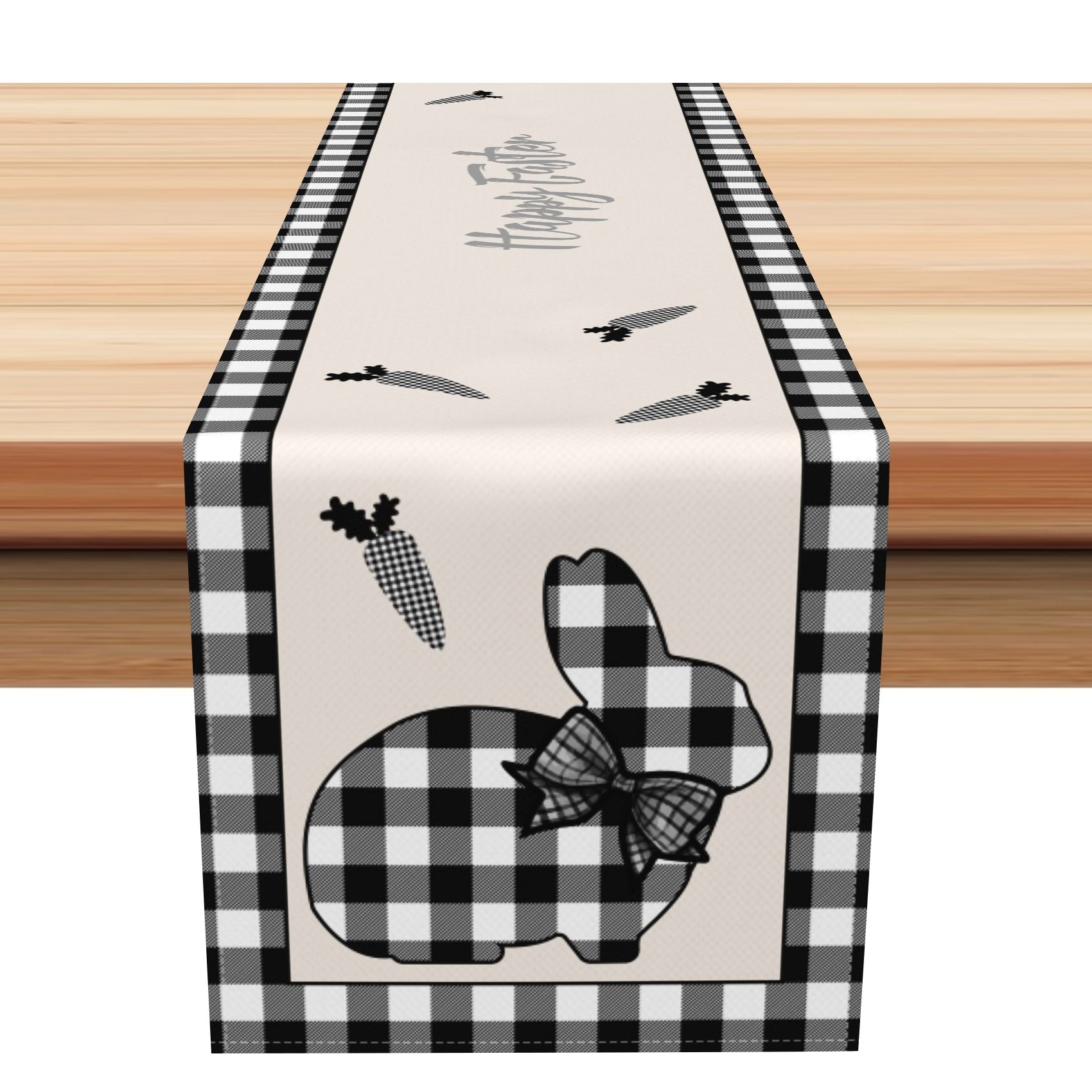 Aperturee - Aperturee Black Plaid Bunny Carrot Happy Easter Table Runner