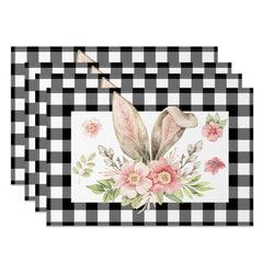 Aperturee - Aperturee Black Plaid Bunny Ear Floral Easter Set Of 4 Placemats