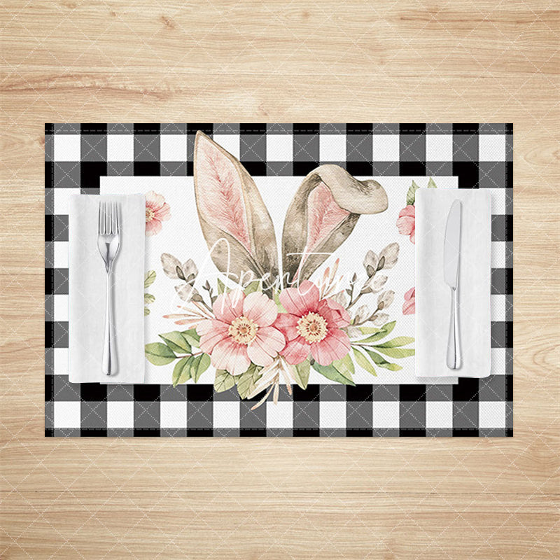 Aperturee - Aperturee Black Plaid Bunny Ear Floral Easter Set Of 4 Placemats