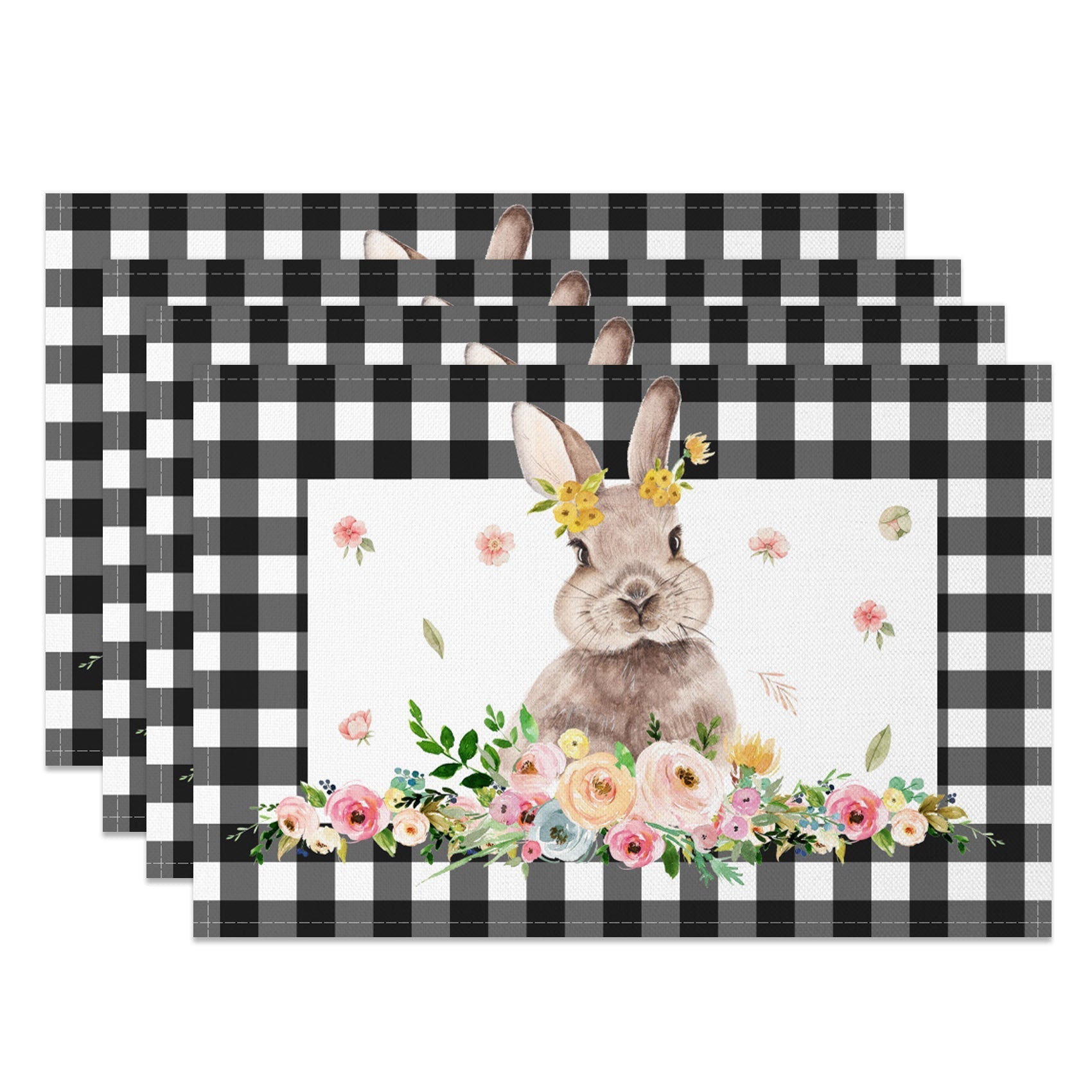 Aperturee - Aperturee Black Plaid Bunny Floral Easter Set Of 4 Placemats