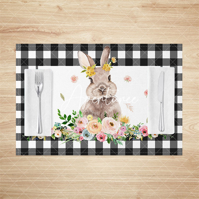 Aperturee - Aperturee Black Plaid Bunny Floral Easter Set Of 4 Placemats