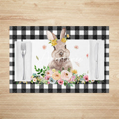 Aperturee - Aperturee Black Plaid Bunny Floral Easter Set Of 4 Placemats