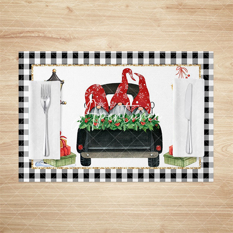 Aperturee - Aperturee Black Plaid Gnome Truck Christmas Set Of 4 Placemats