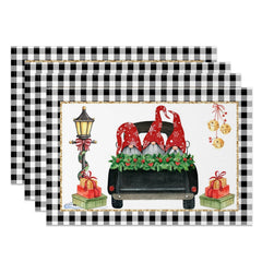 Aperturee - Aperturee Black Plaid Gnome Truck Christmas Set Of 4 Placemats