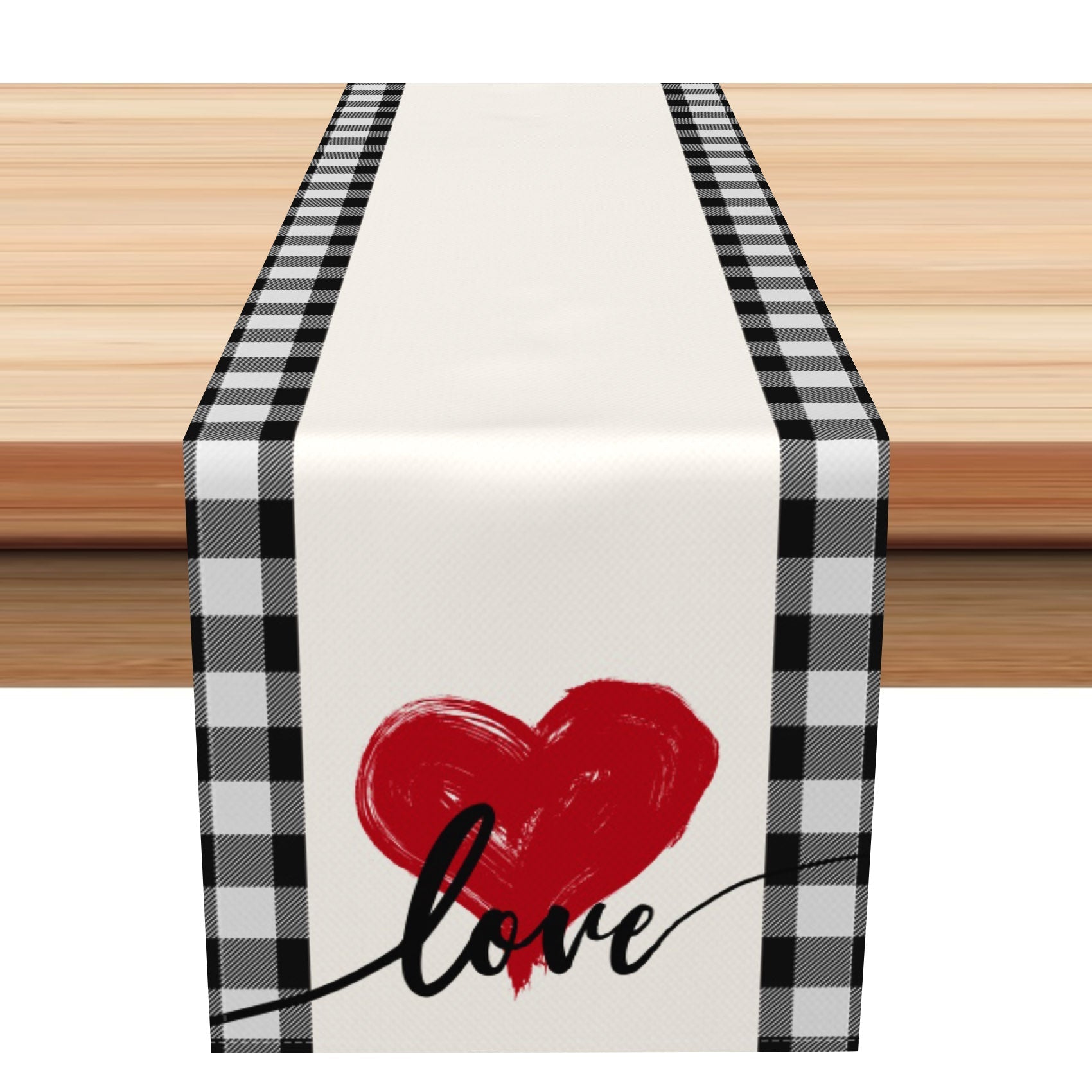 Aperturee - Aperturee Black Plaid Red Heart Valentines Day Table Runner