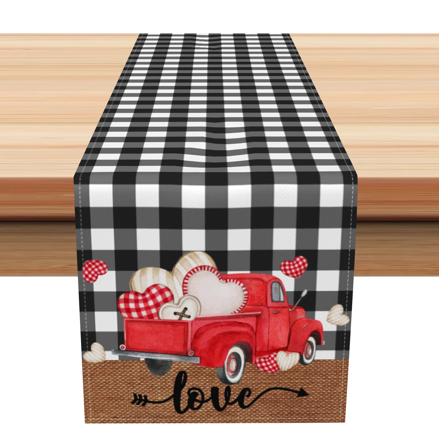 Aperturee - Aperturee Black Plaid Red Truck Valentines Day Table Runner