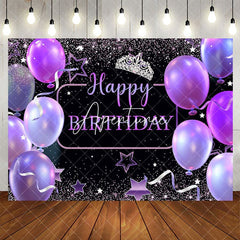 Aperturee - Aperturee Black Purple Balloons Crown Happy Birthday Backdrop