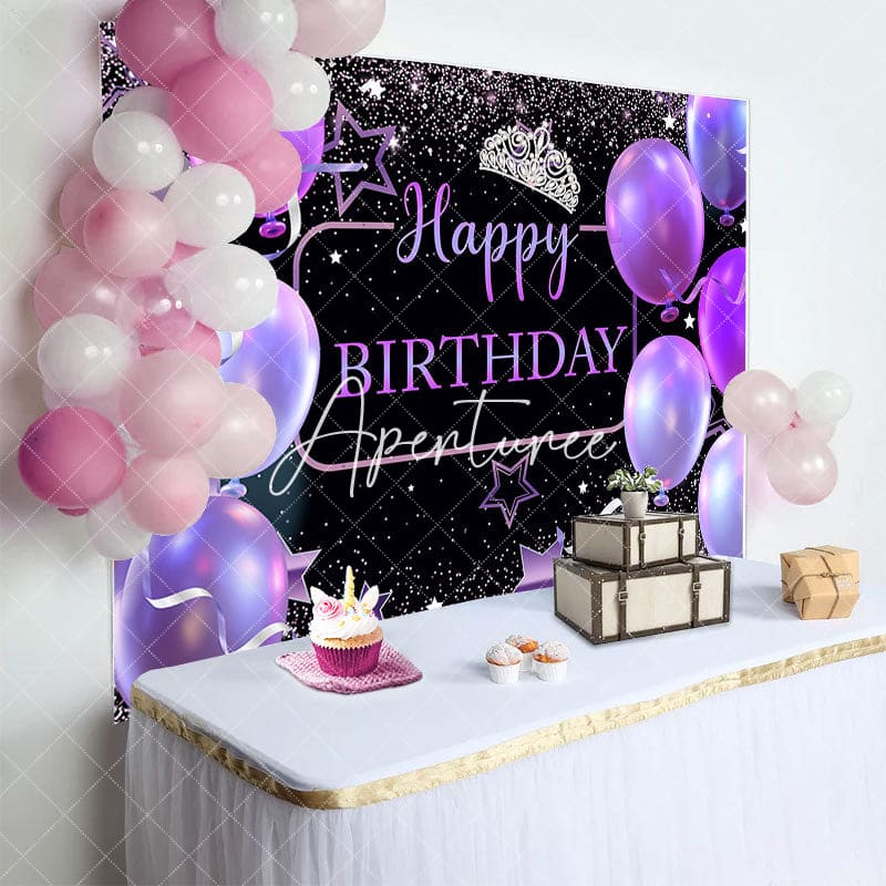 Aperturee - Aperturee Black Purple Balloons Crown Happy Birthday Backdrop