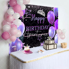 Aperturee - Aperturee Black Purple Balloons Crown Happy Birthday Backdrop