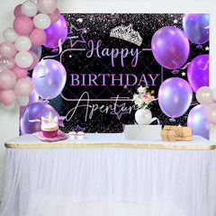 Aperturee - Aperturee Black Purple Balloons Crown Happy Birthday Backdrop