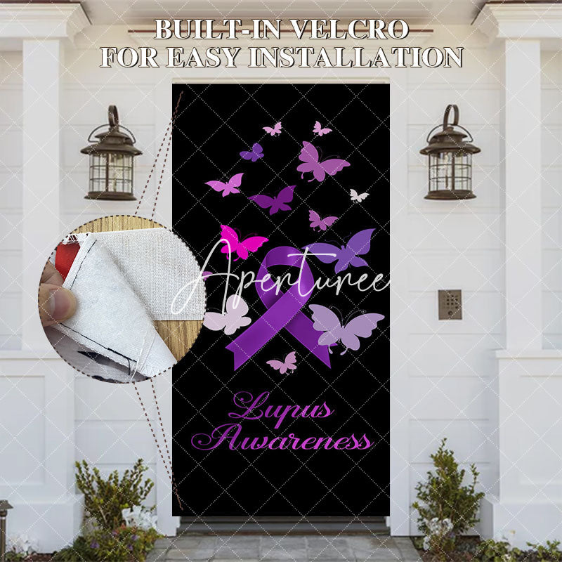 Aperturee - Aperturee Black Purple Butterfly Lupus Awareness Door Cover