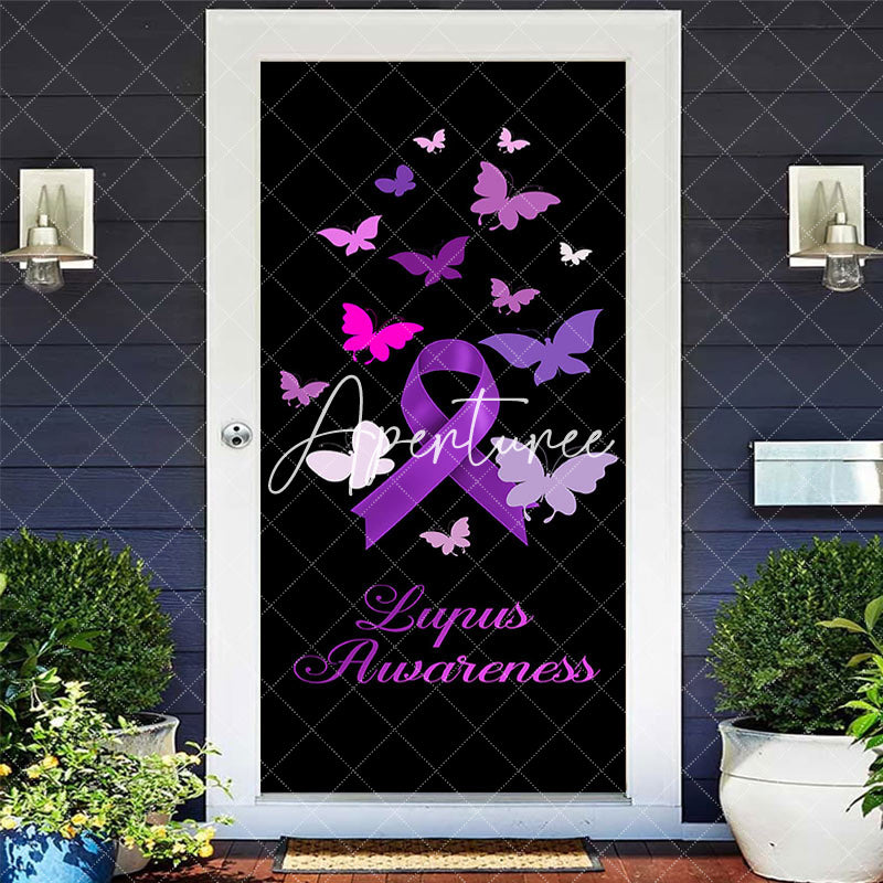 Aperturee - Aperturee Black Purple Butterfly Lupus Awareness Door Cover