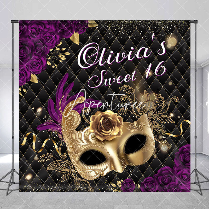 Aperturee - Aperturee Black Purple Rose Masquerade Custom Sweet 16 Backdrop