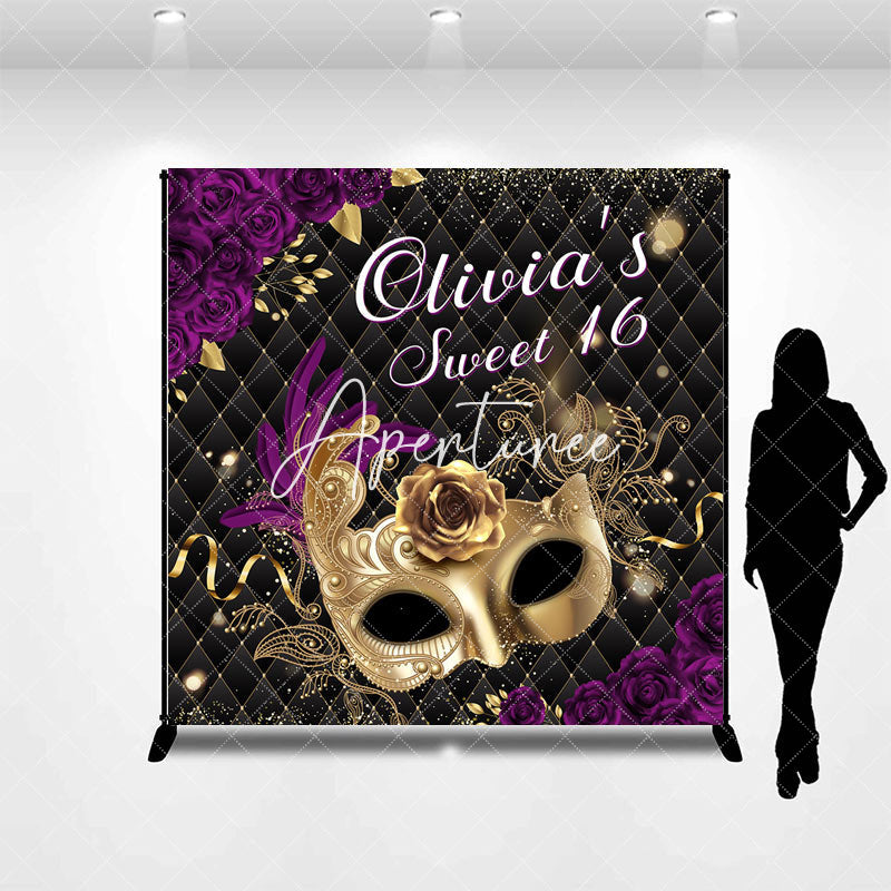 Aperturee - Aperturee Black Purple Rose Masquerade Custom Sweet 16 Backdrop