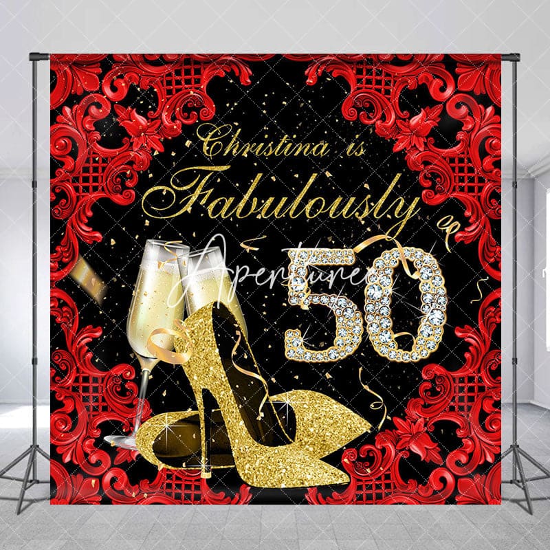 Aperturee - Aperturee Black Red Fabulously 50 Custom Name Birthday Backdrop