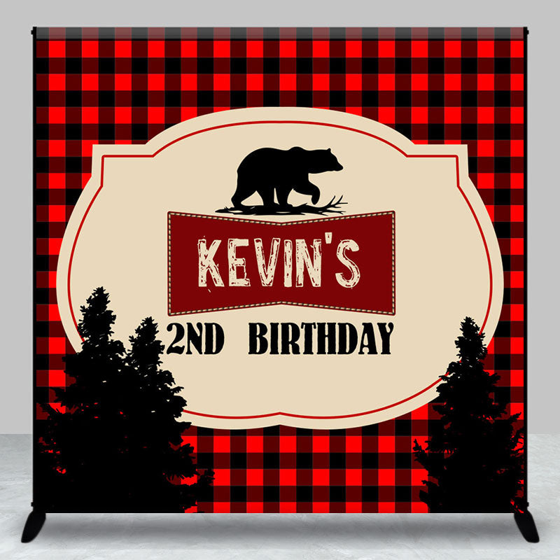 Aperturee - Aperturee Black Red Plaid Bear Custom 2nd Birthday Backdrop