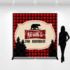 Aperturee - Aperturee Black Red Plaid Bear Custom 2nd Birthday Backdrop