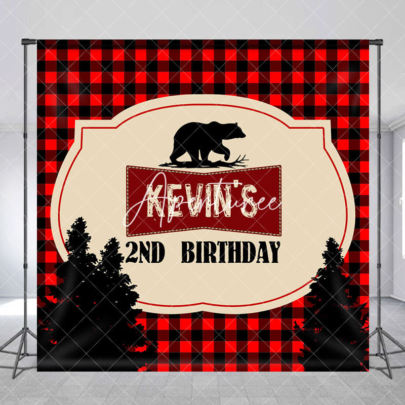 Aperturee - Aperturee Black Red Plaid Bear Custom 2nd Birthday Backdrop