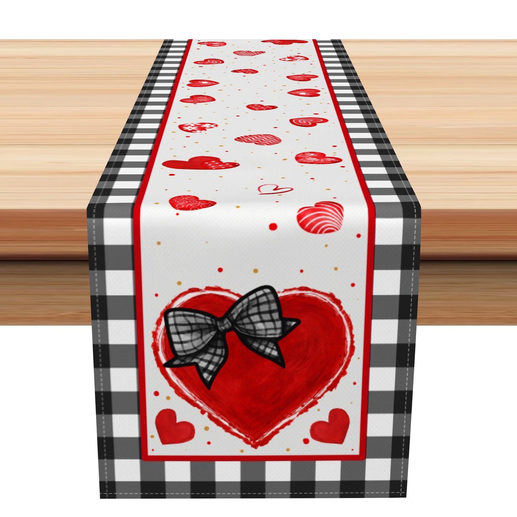 Aperturee - Aperturee Black Red Plaid Hearts Valentines Day Table Runner